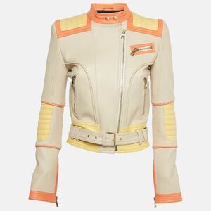 Balmain Beige Leather Zip Up Biker Jacket S